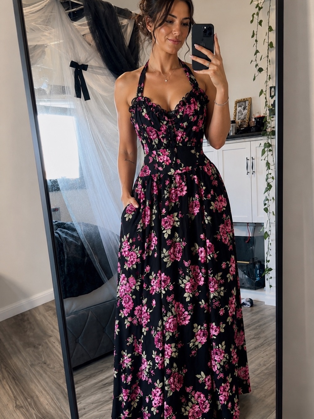 AllSaints Black Halter Maxi Dress with Pink Floral Print